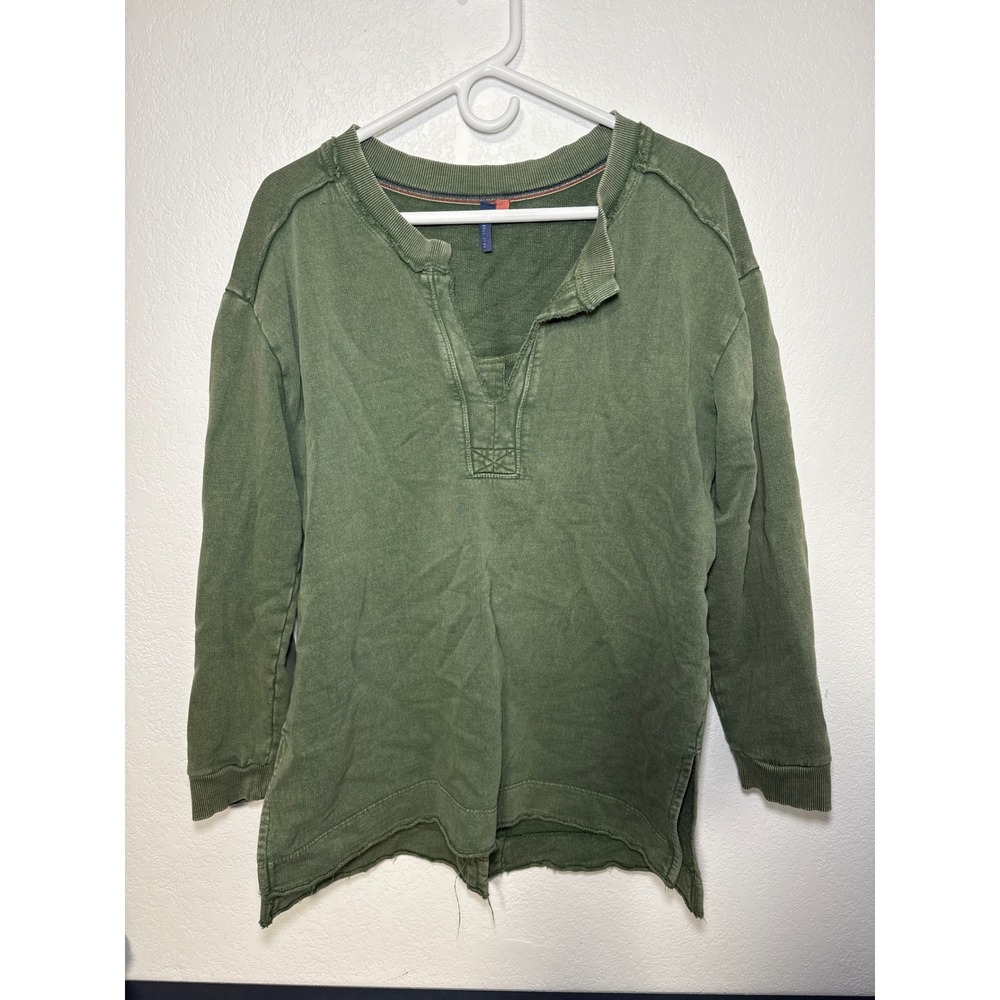 Pilcro Green Cotton Pullover Sweatshirt Split Back V Neck‎ Casual Size L